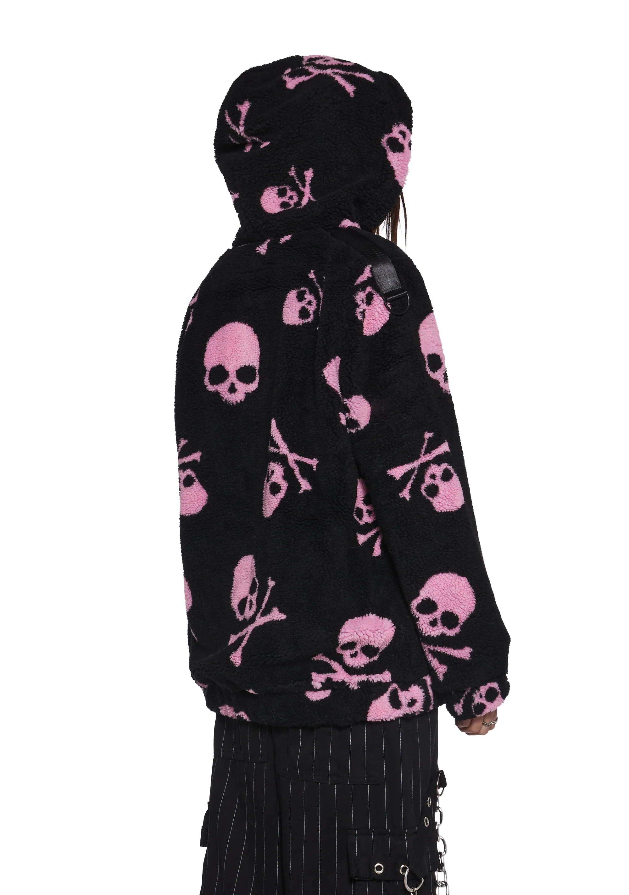 Skull On My Sleeve Hooded Sherpa Jacket - Pink - Image 4