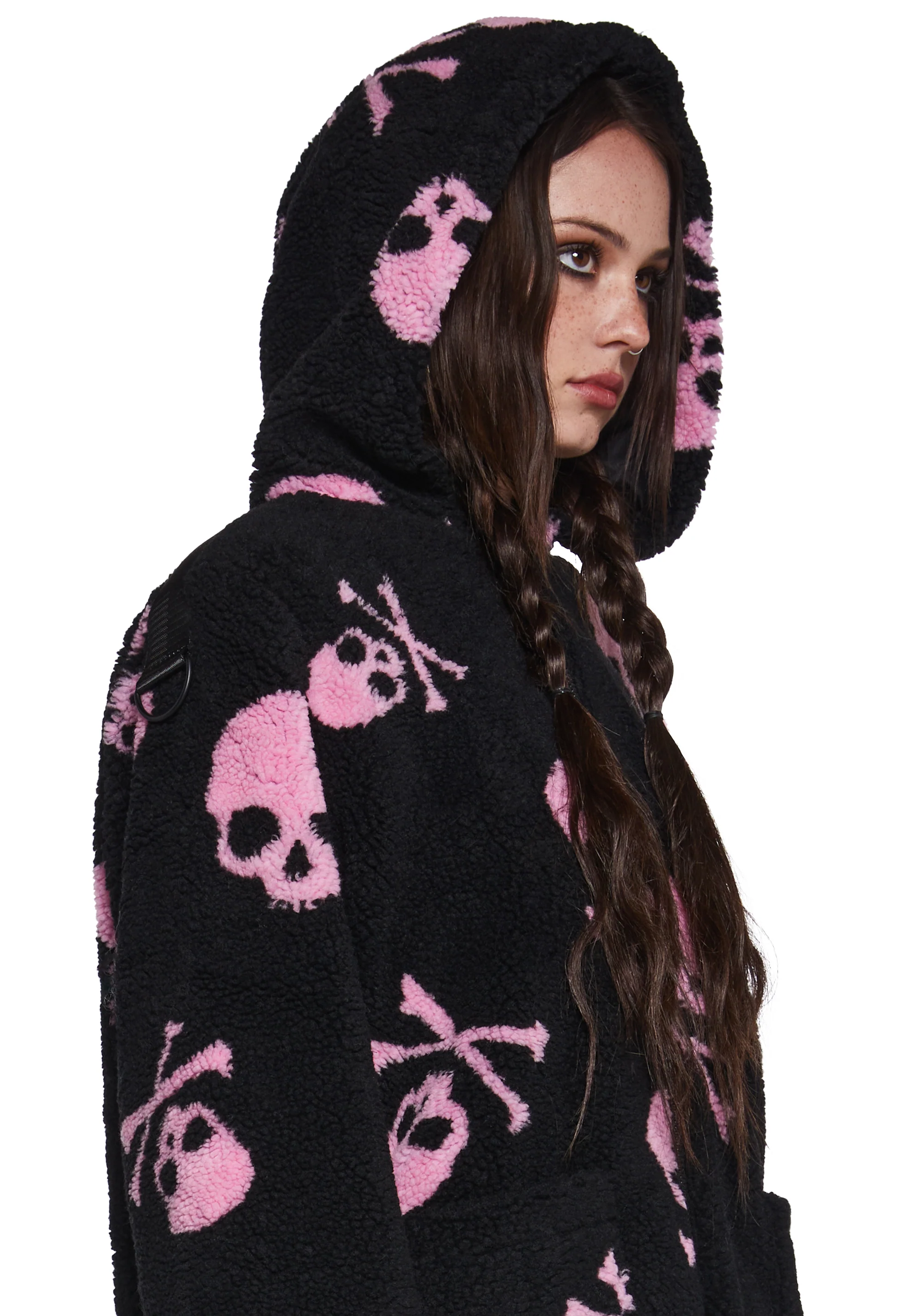 Skull On My Sleeve Hooded Sherpa Jacket - Pink - Image 5