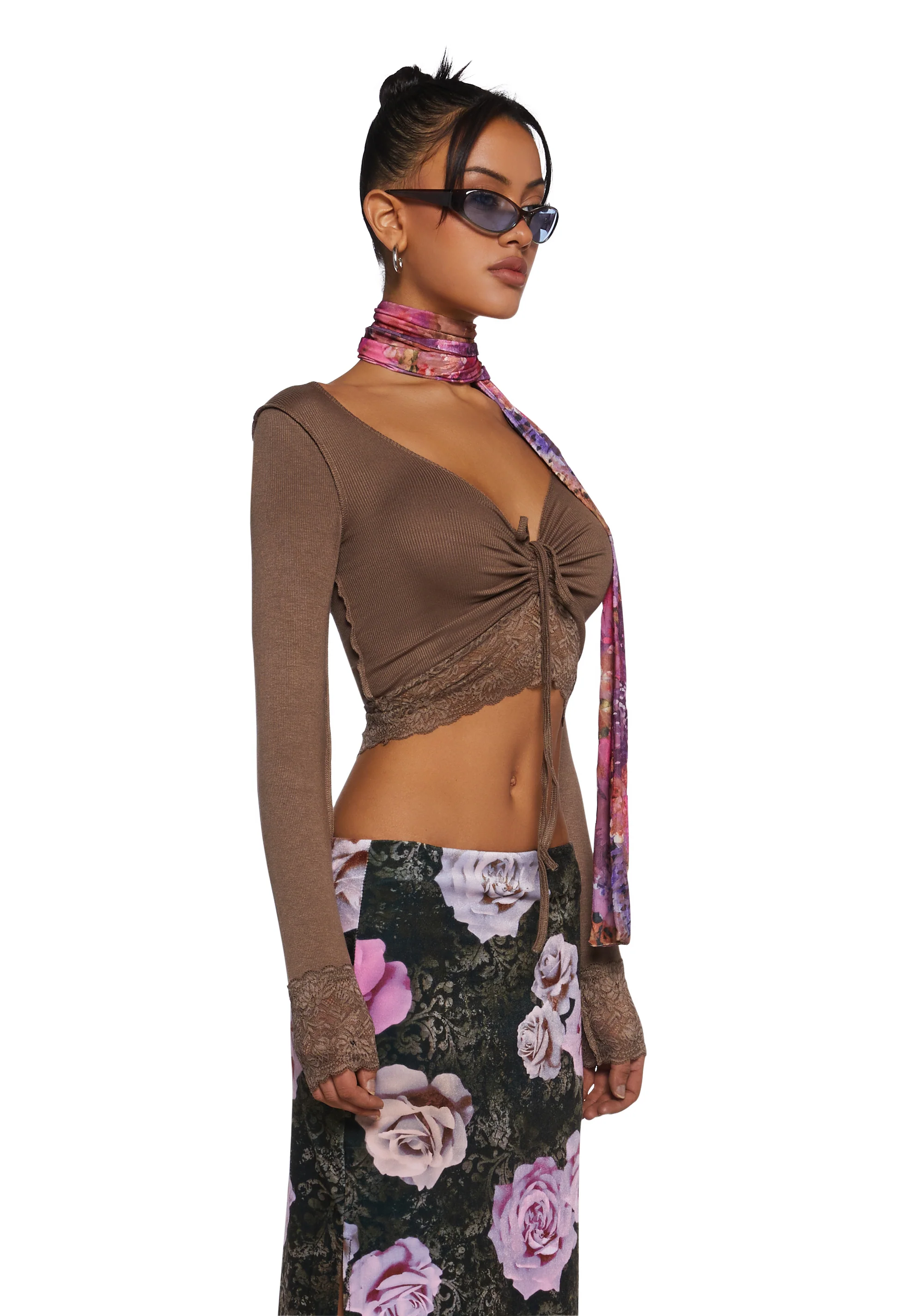 Snap Back Long Sleeve Top - Brown - Image 3
