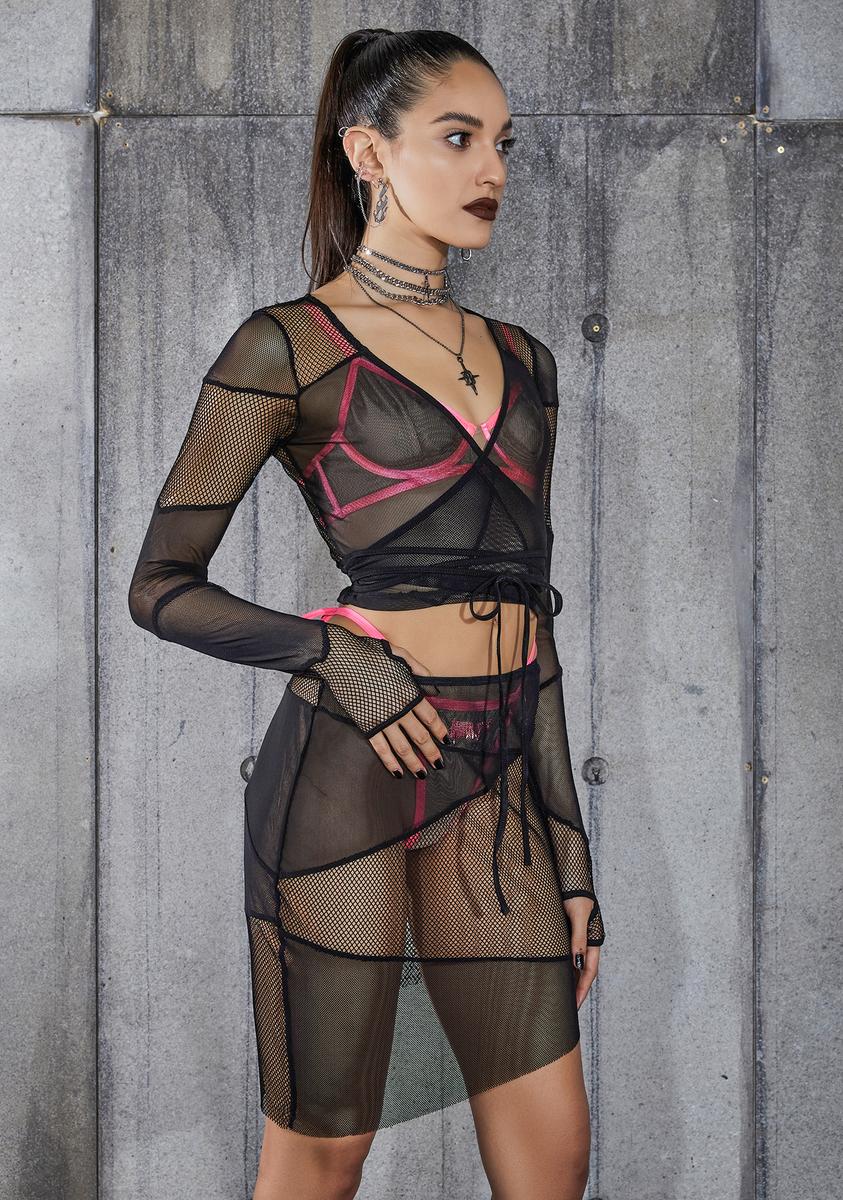 Snare Fishnet And Mesh Patchwork Wrap Top - Image 3