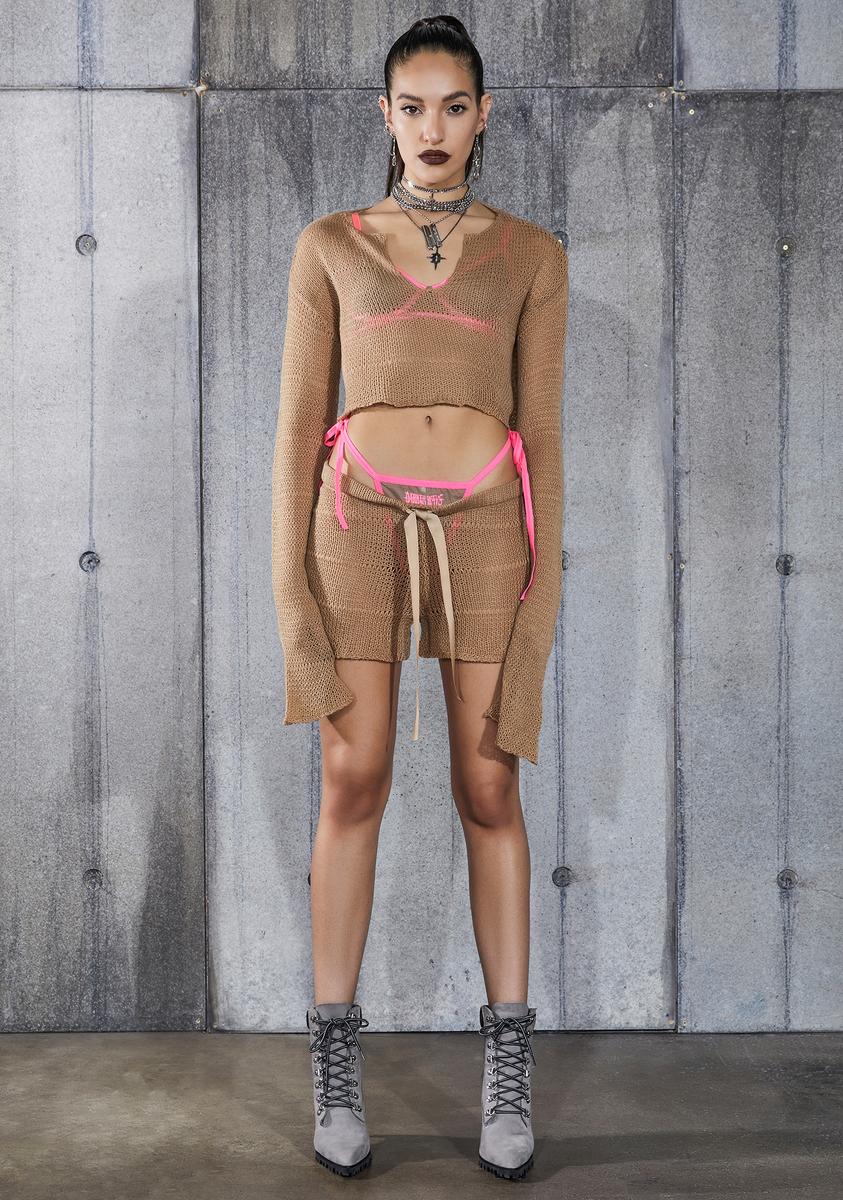 Snare Tan Cropped Longer Sleeve Sheer Knit Sweater - Image 2