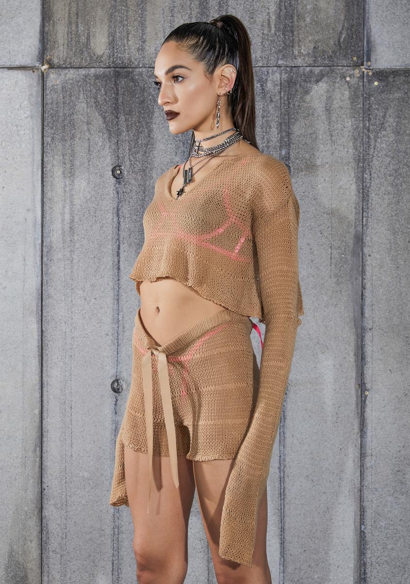 Snare Tan Cropped Longer Sleeve Sheer Knit Sweater - Image 3