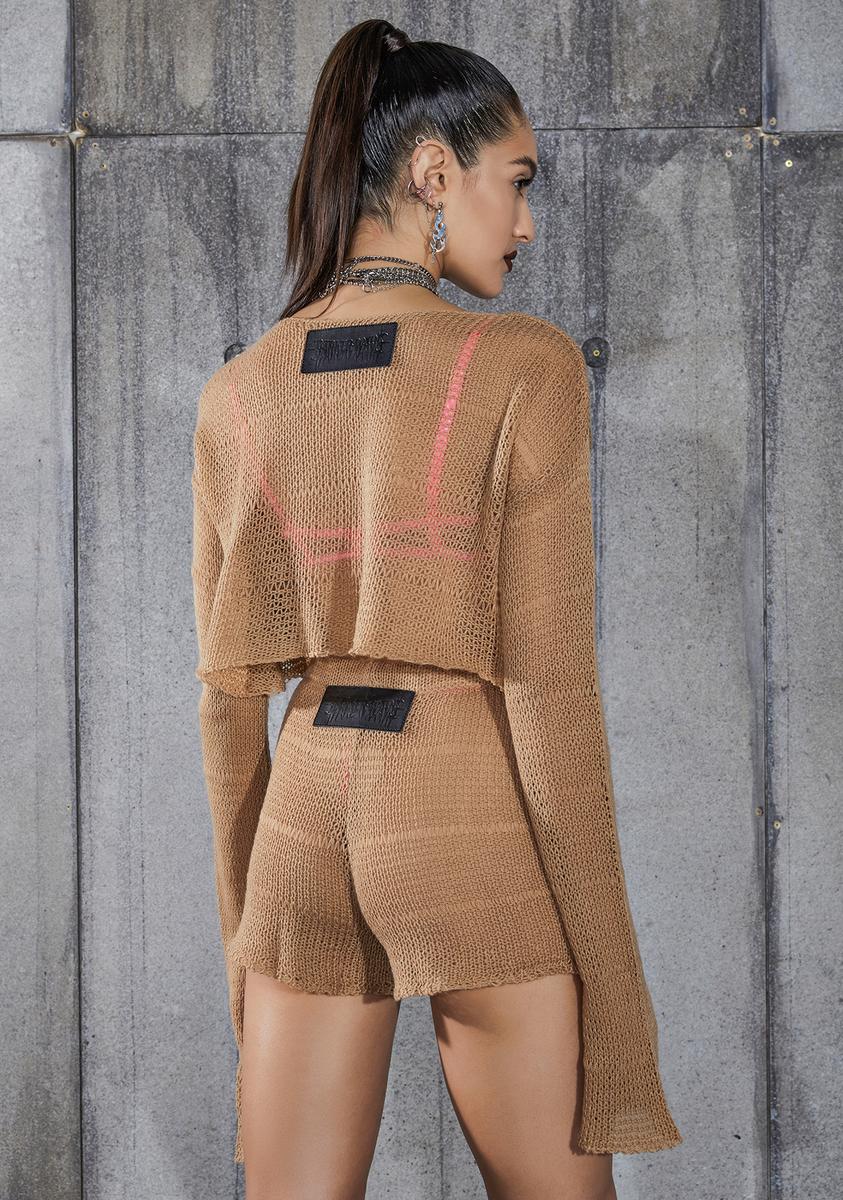 Snare Tan Cropped Longer Sleeve Sheer Knit Sweater - Image 4