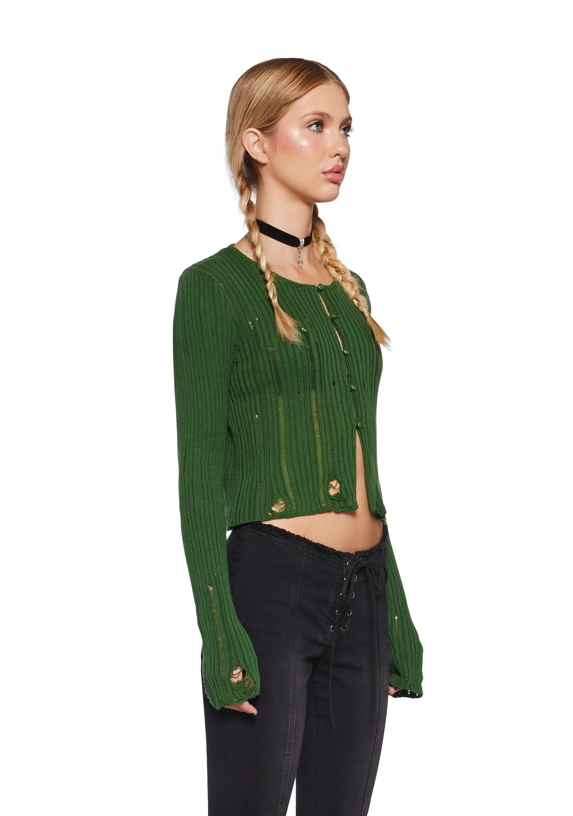 Somewhere Now Distressed Cardigan - Green - Image 3