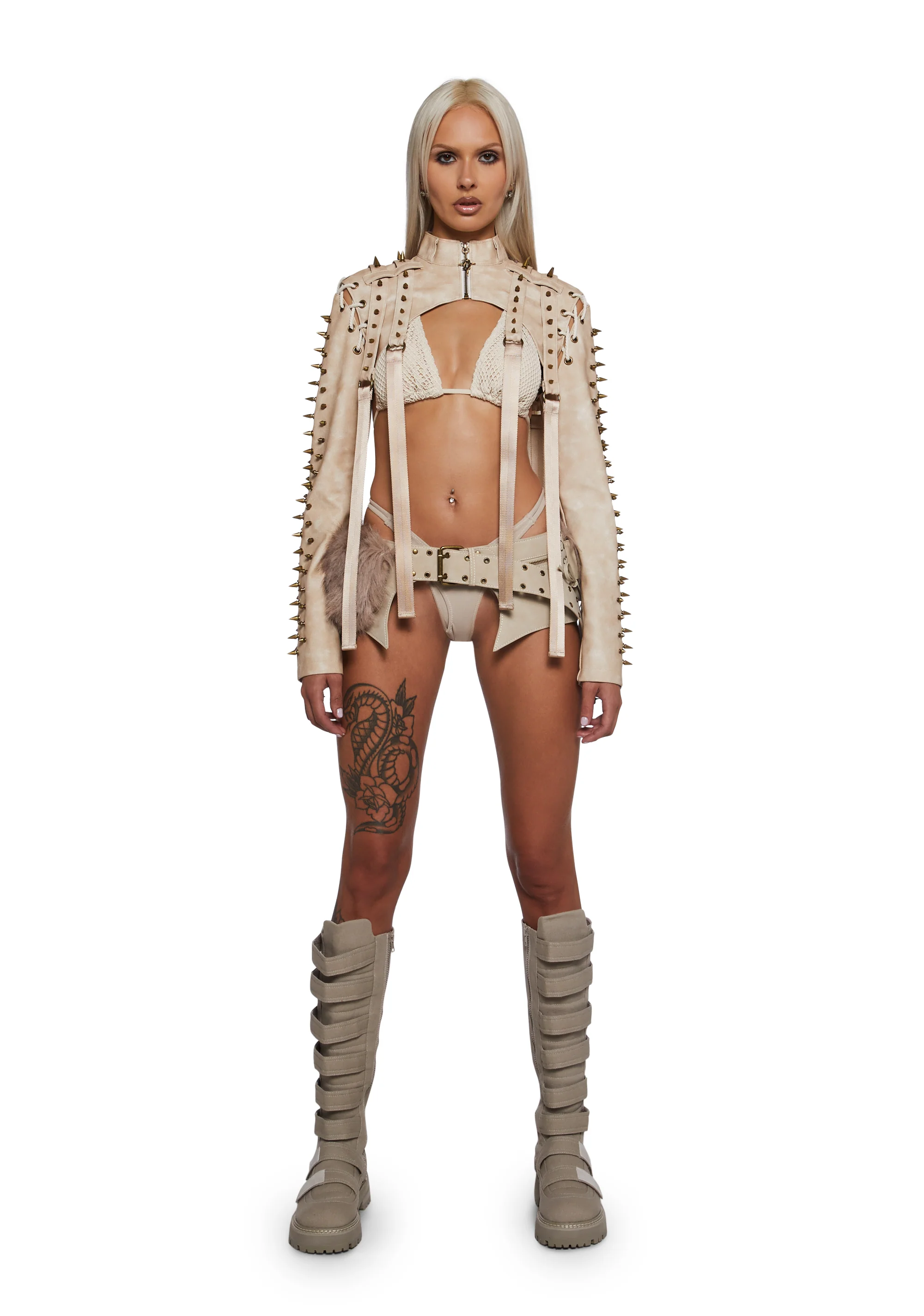 Warp Spiked Jacket With Lace Up Sleeves - Ecru - Image 2