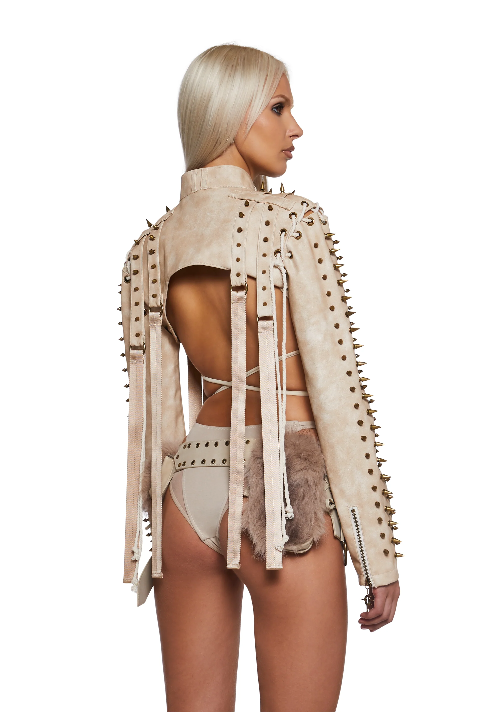Warp Spiked Jacket With Lace Up Sleeves - Ecru - Image 4
