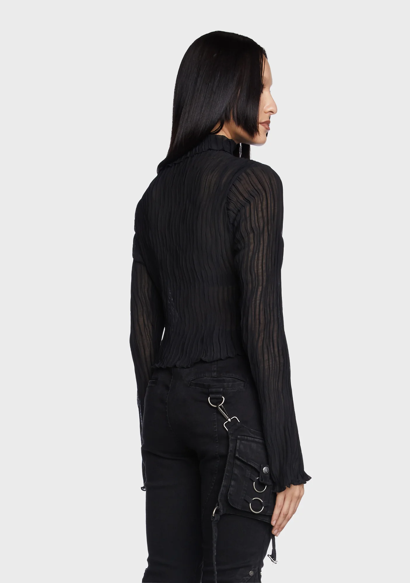 Stand Collar Straight Flared Sleeves Shirt - Image 4