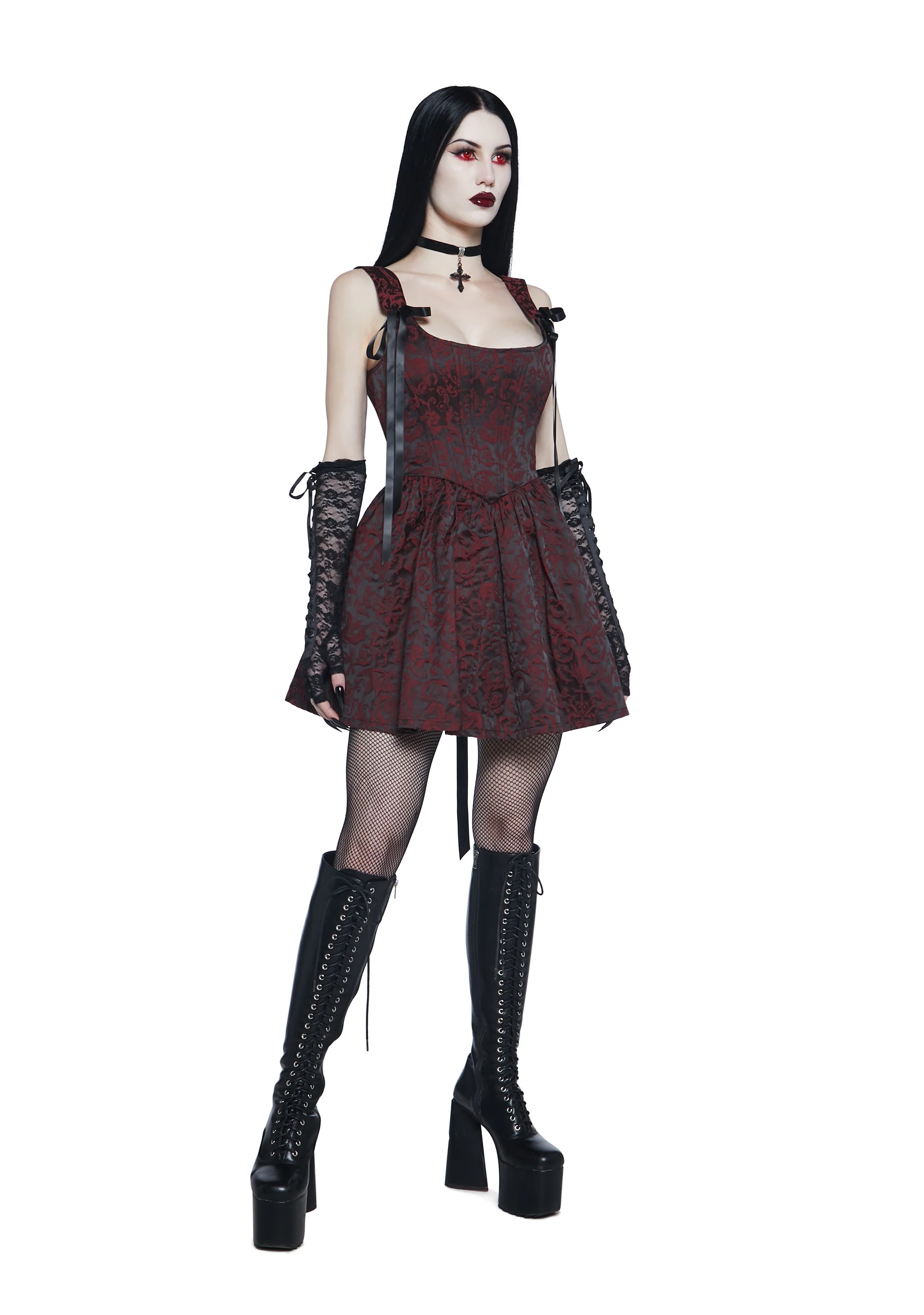 Sultry Sins Brocade Mini Dress - Red - Image 3