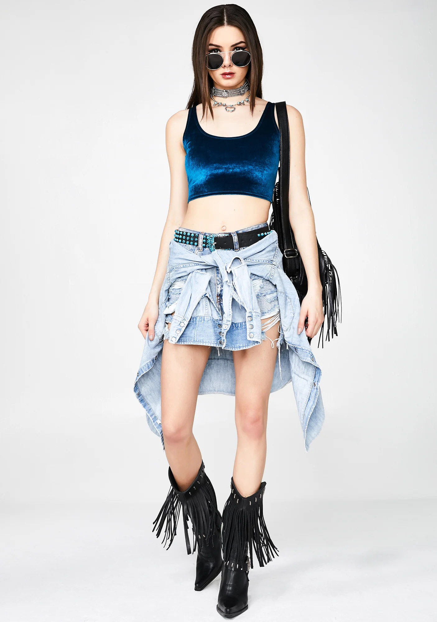 Teal Plush Velvet Crop Top - Image 3