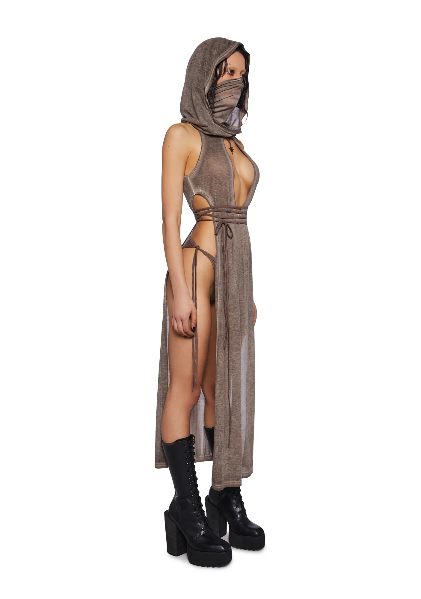 Crossfade Hooded Maxi Keyhole Tank And Panty Set - Brown - Image 3