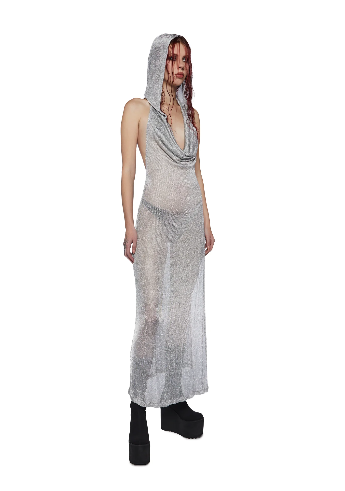 Tempo Metallic Hoodie Maxi Dress - Silver - Image 5