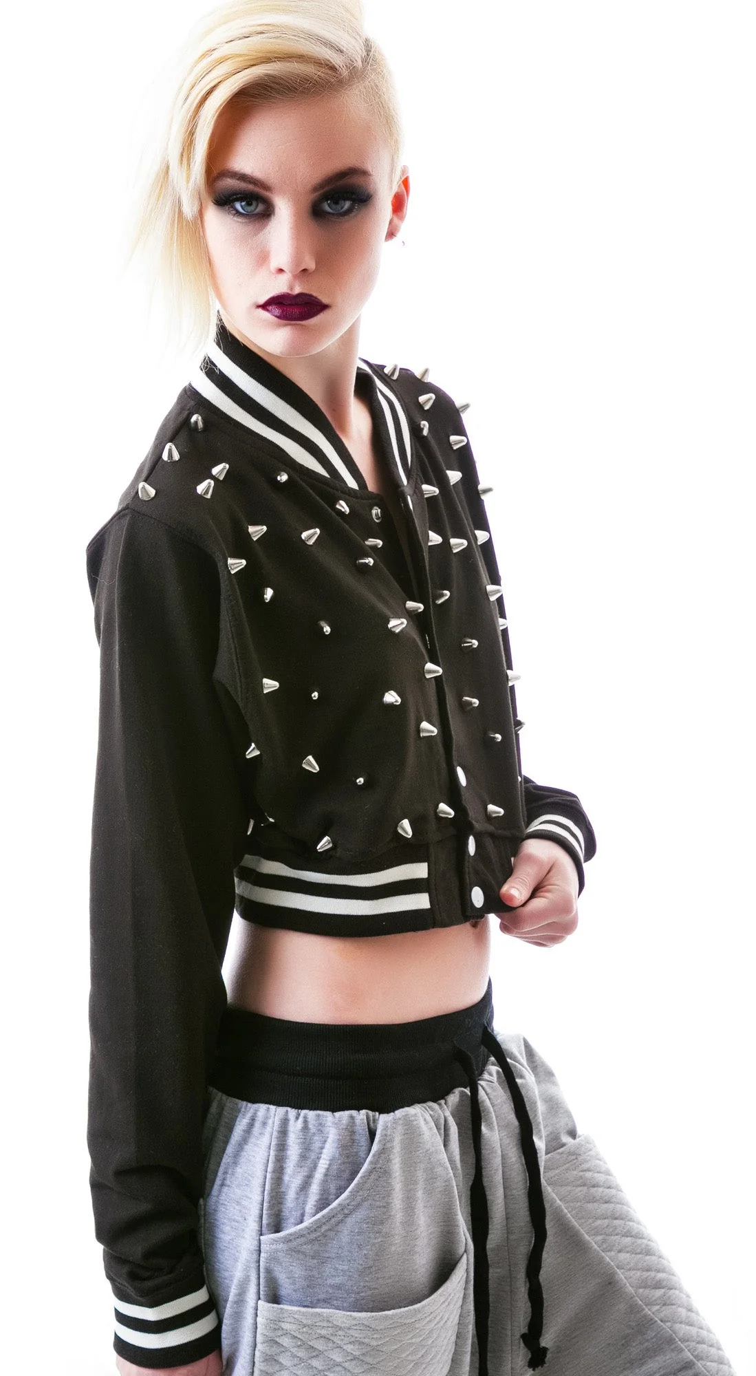 The  Margot Studded Crop Bomber - Gray - Image 13