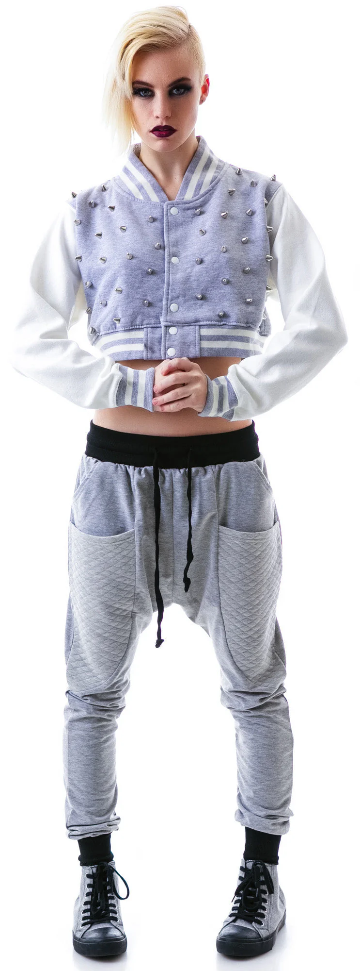 The  Margot Studded Crop Bomber - Gray - Image 2
