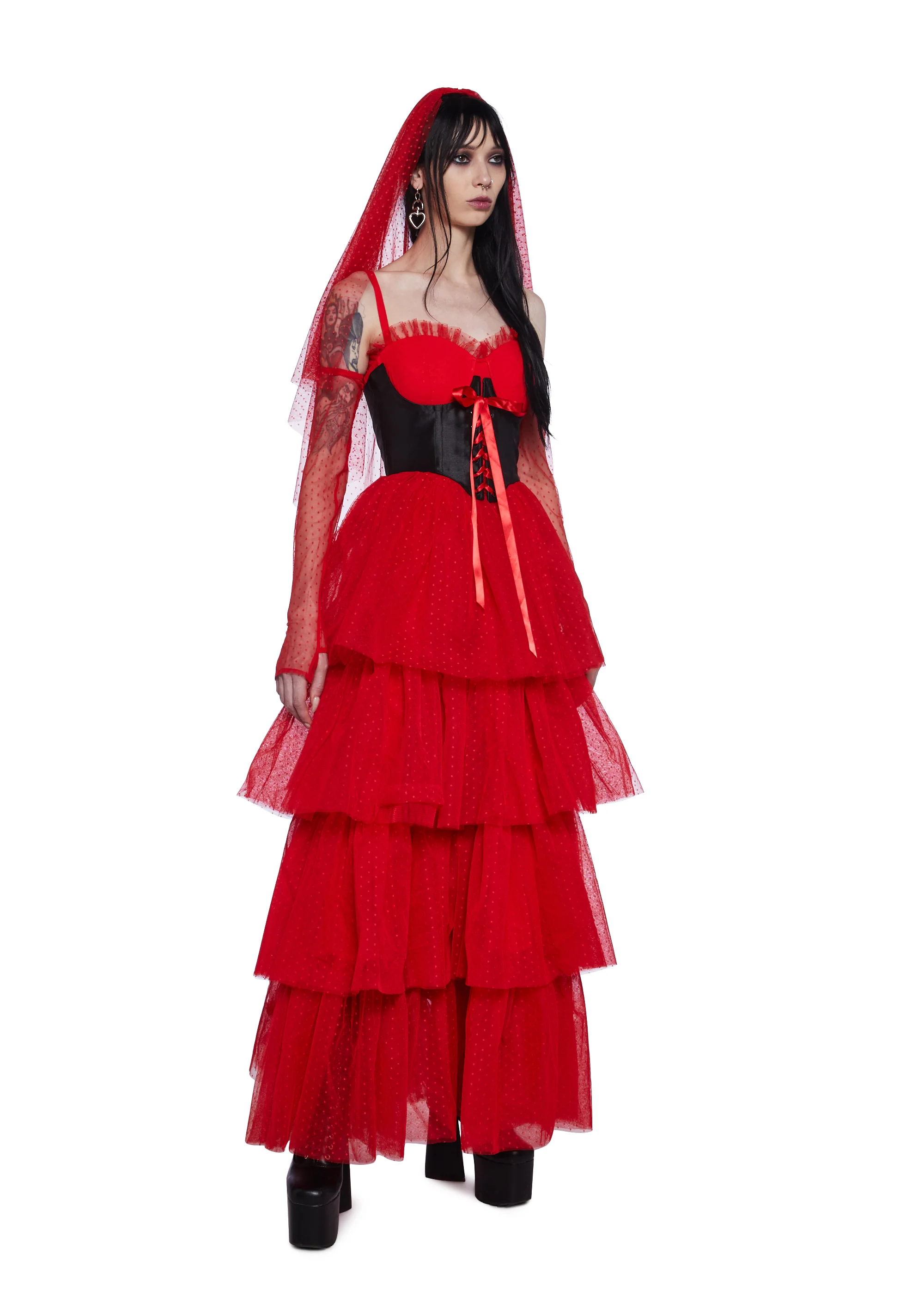 The Red Wedding Lace Maxi Dress And Gloves Set - Image 5