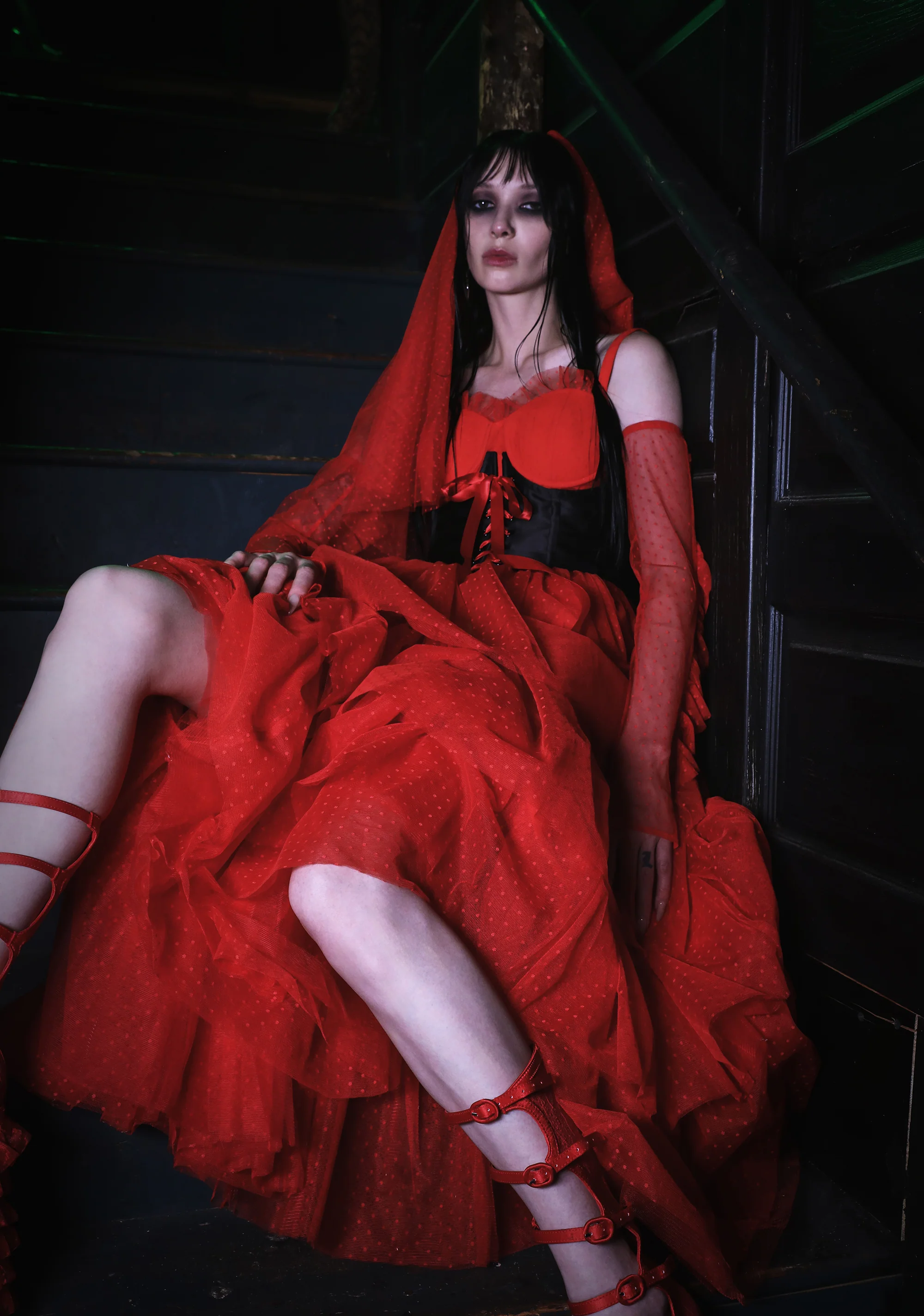 The Red Wedding Lace Maxi Dress And Gloves Set - Image 7