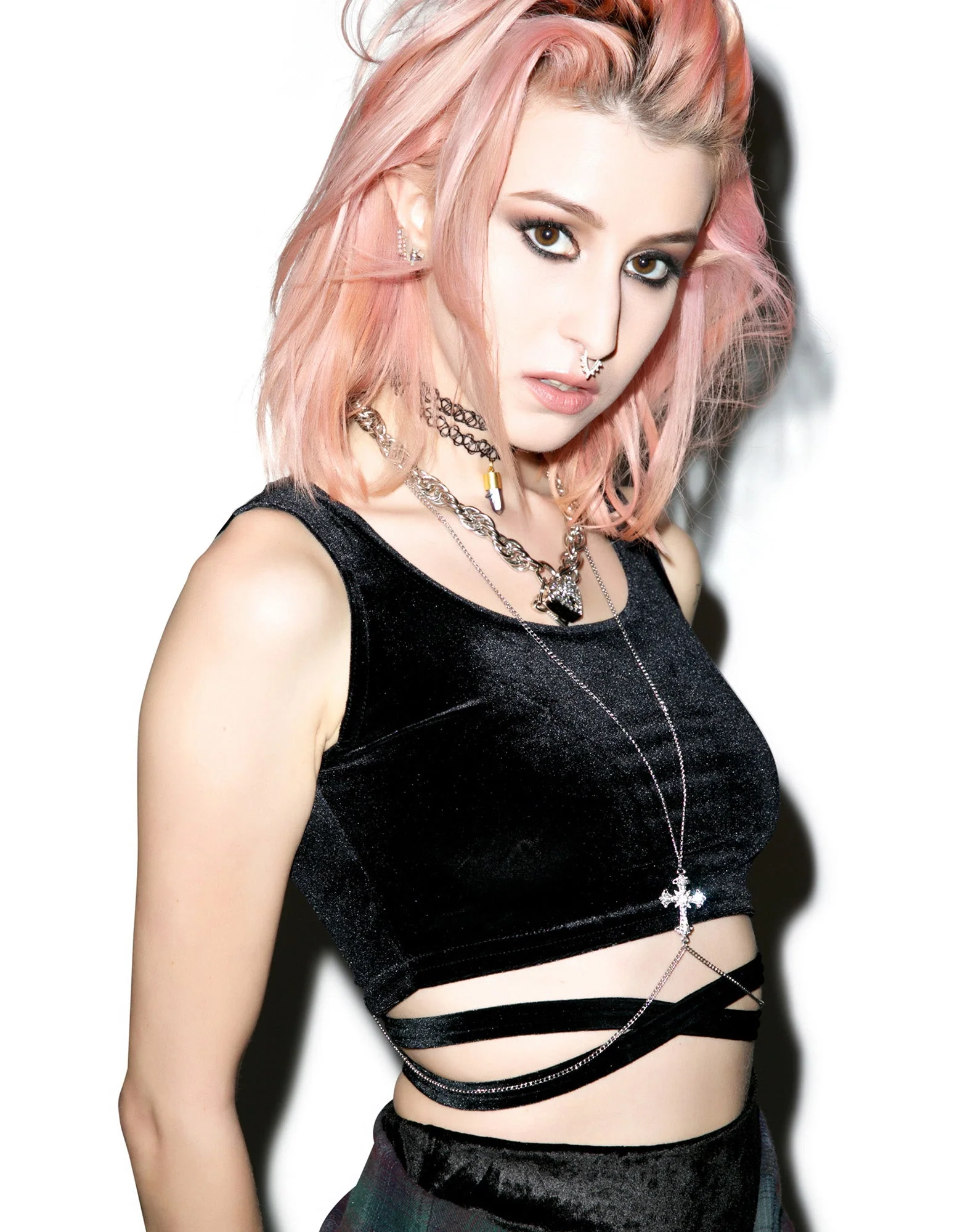 Velvet Double Cross Crop Top - Dark Gray - Image 9