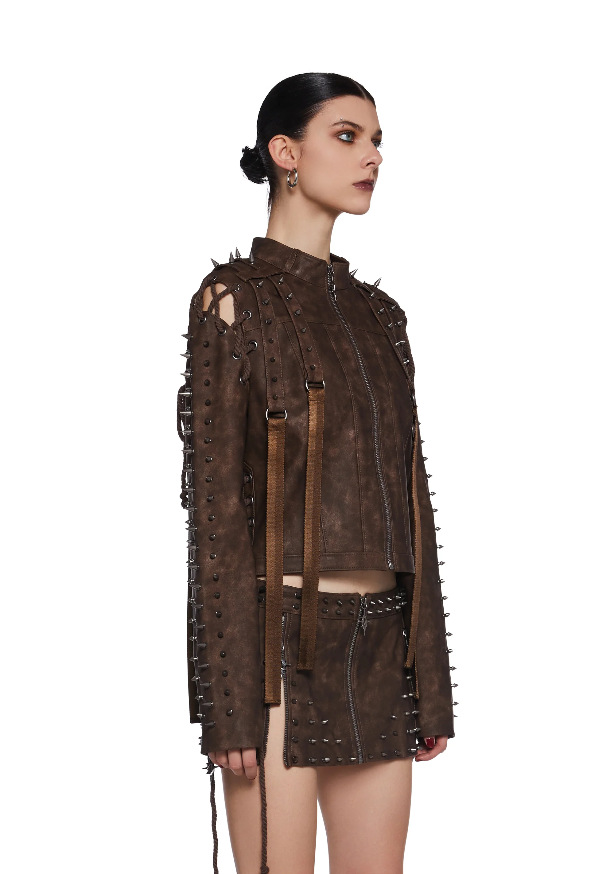 Warp Spiked Jacket With Lace Up Sleeves  - Brown - Image 3