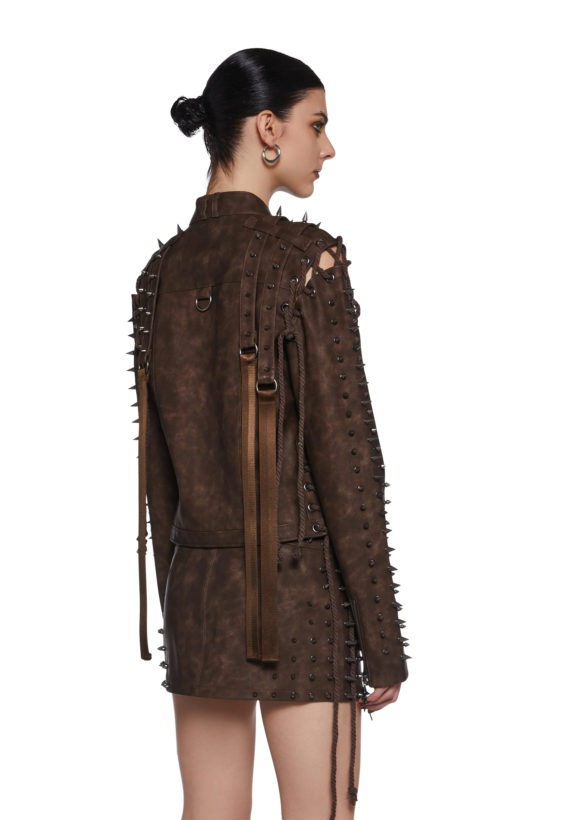 Warp Spiked Jacket With Lace Up Sleeves  - Brown - Image 4