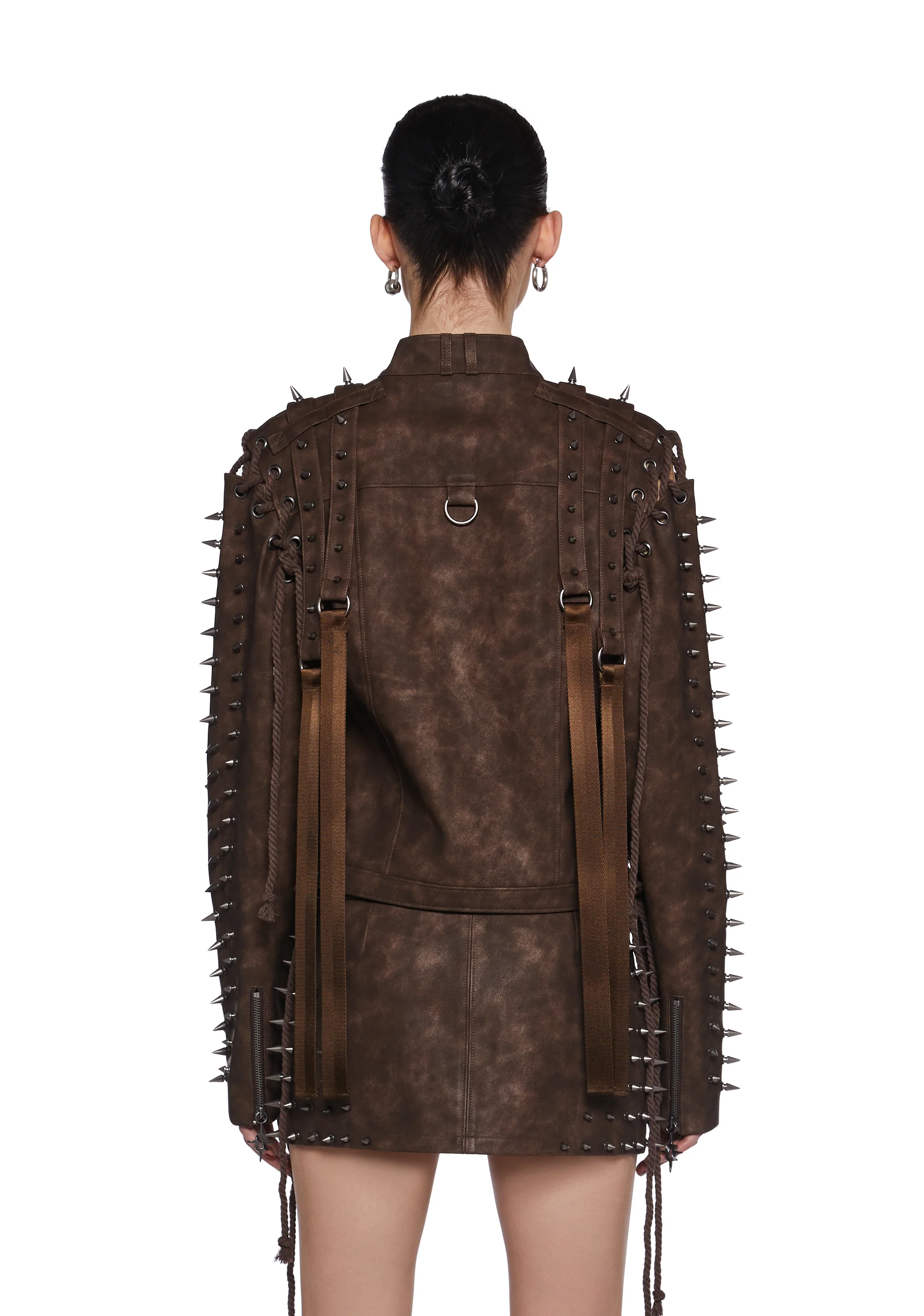 Warp Spiked Jacket With Lace Up Sleeves  - Brown - Image 5