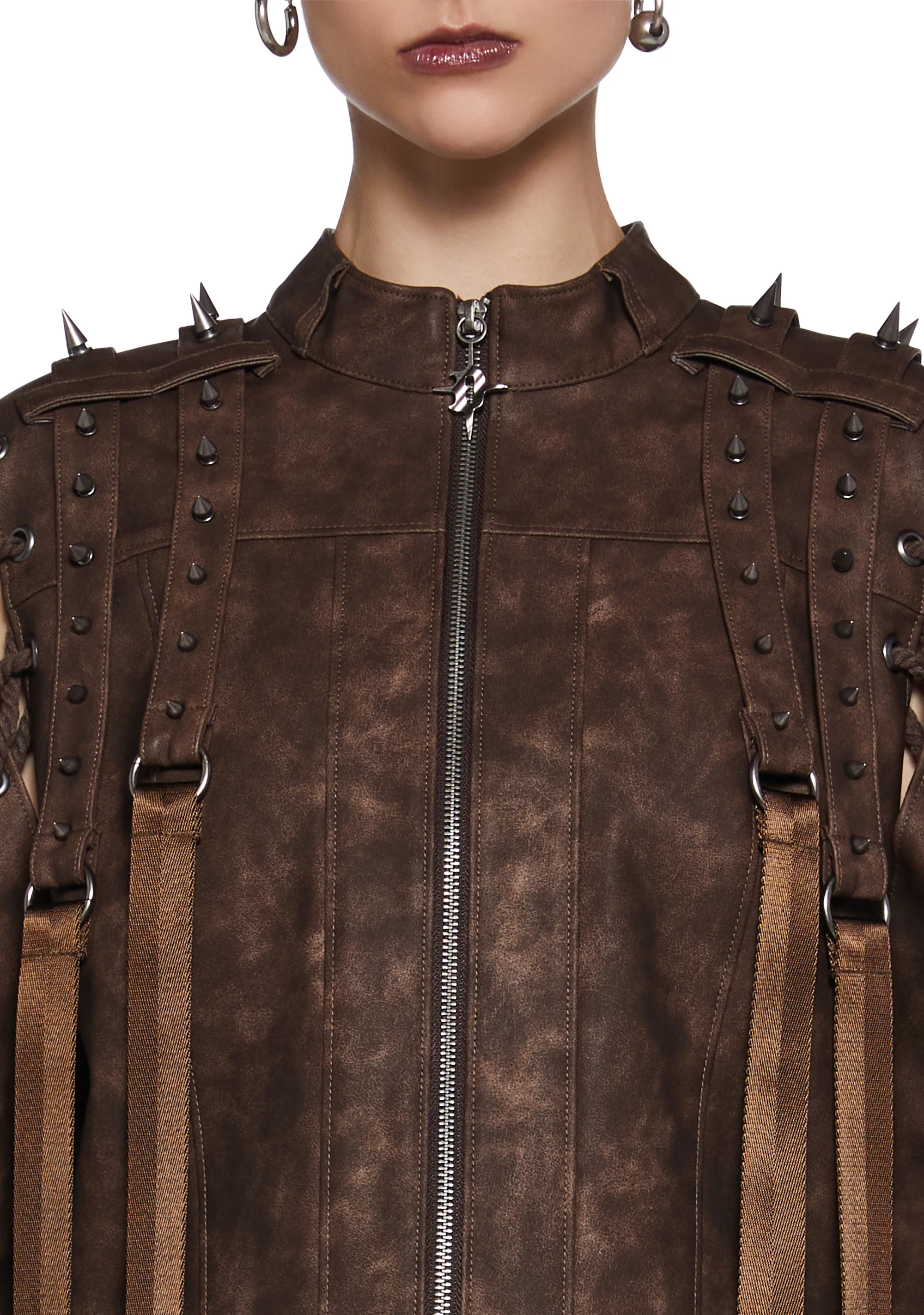 Warp Spiked Jacket With Lace Up Sleeves  - Brown - Image 6