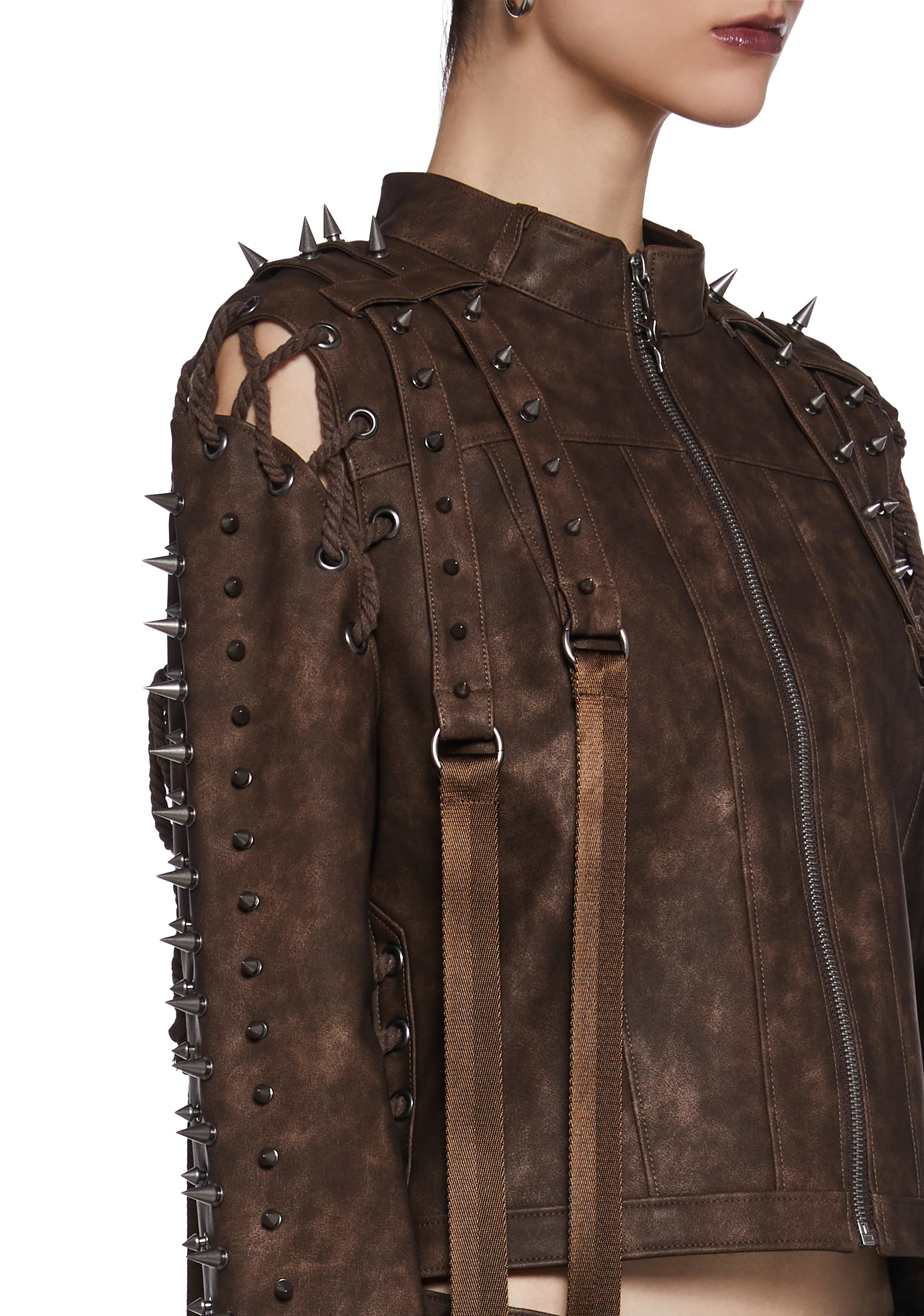 Warp Spiked Jacket With Lace Up Sleeves  - Brown - Image 7