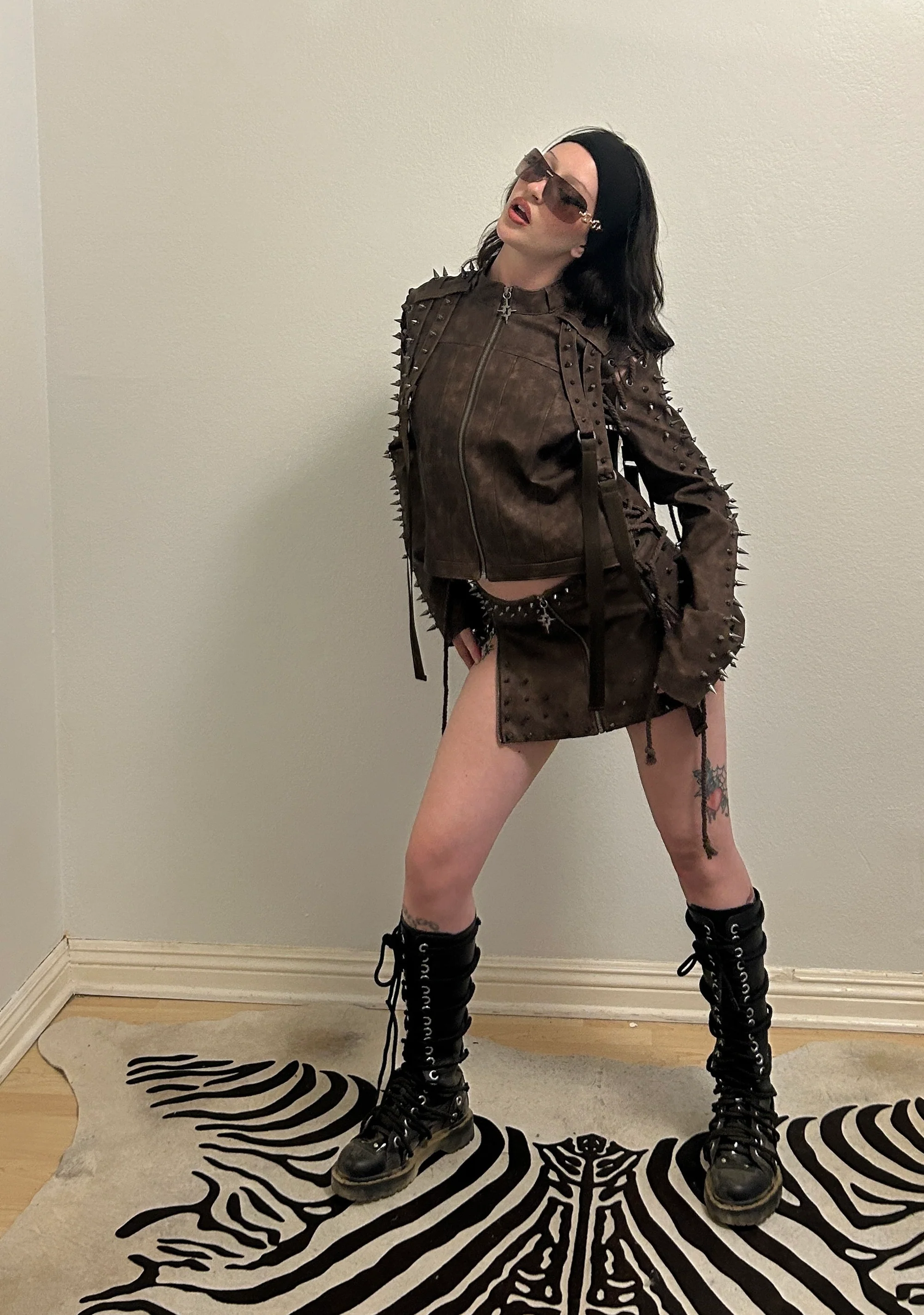 Warp Spiked Jacket With Lace Up Sleeves  - Brown - Image 9