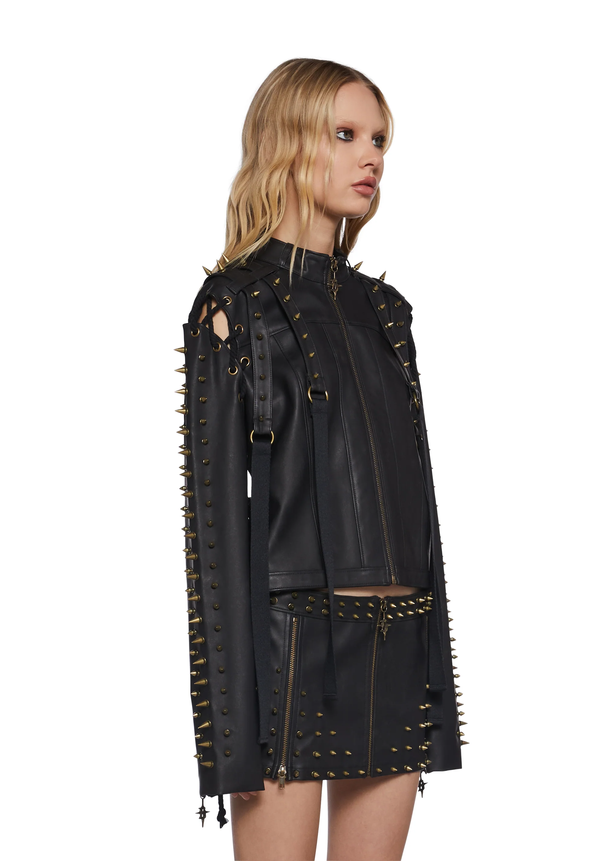 Warp Spiked Jacket With Lace Up Sleeves  - Black - Image 3