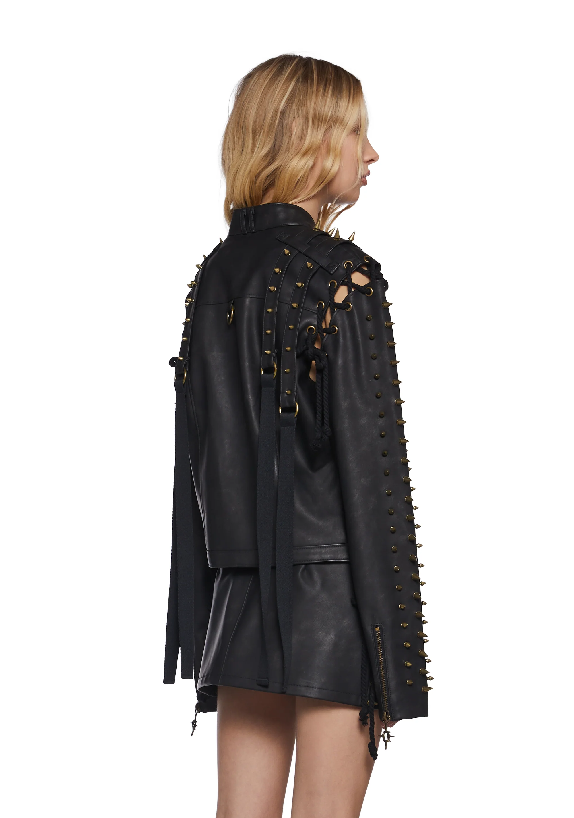 Warp Spiked Jacket With Lace Up Sleeves  - Black - Image 4