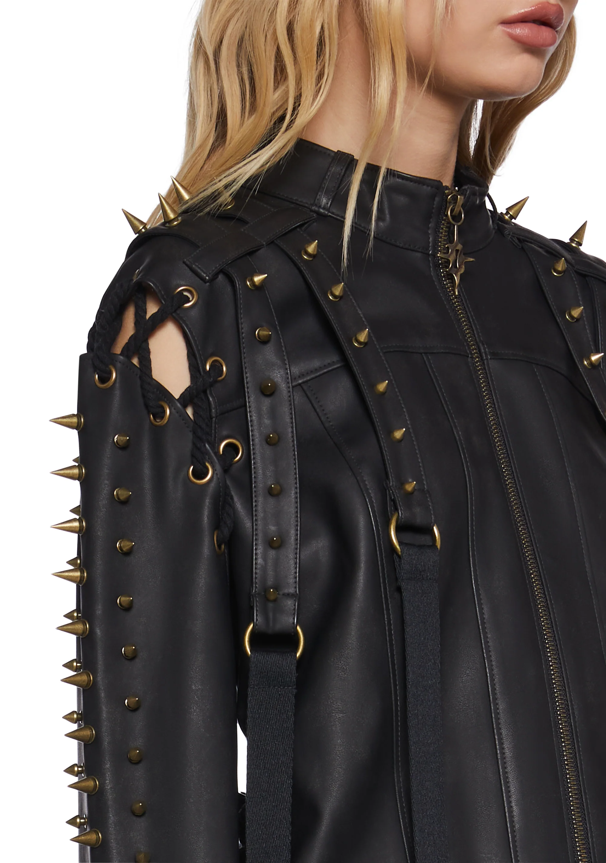 Warp Spiked Jacket With Lace Up Sleeves  - Black - Image 5