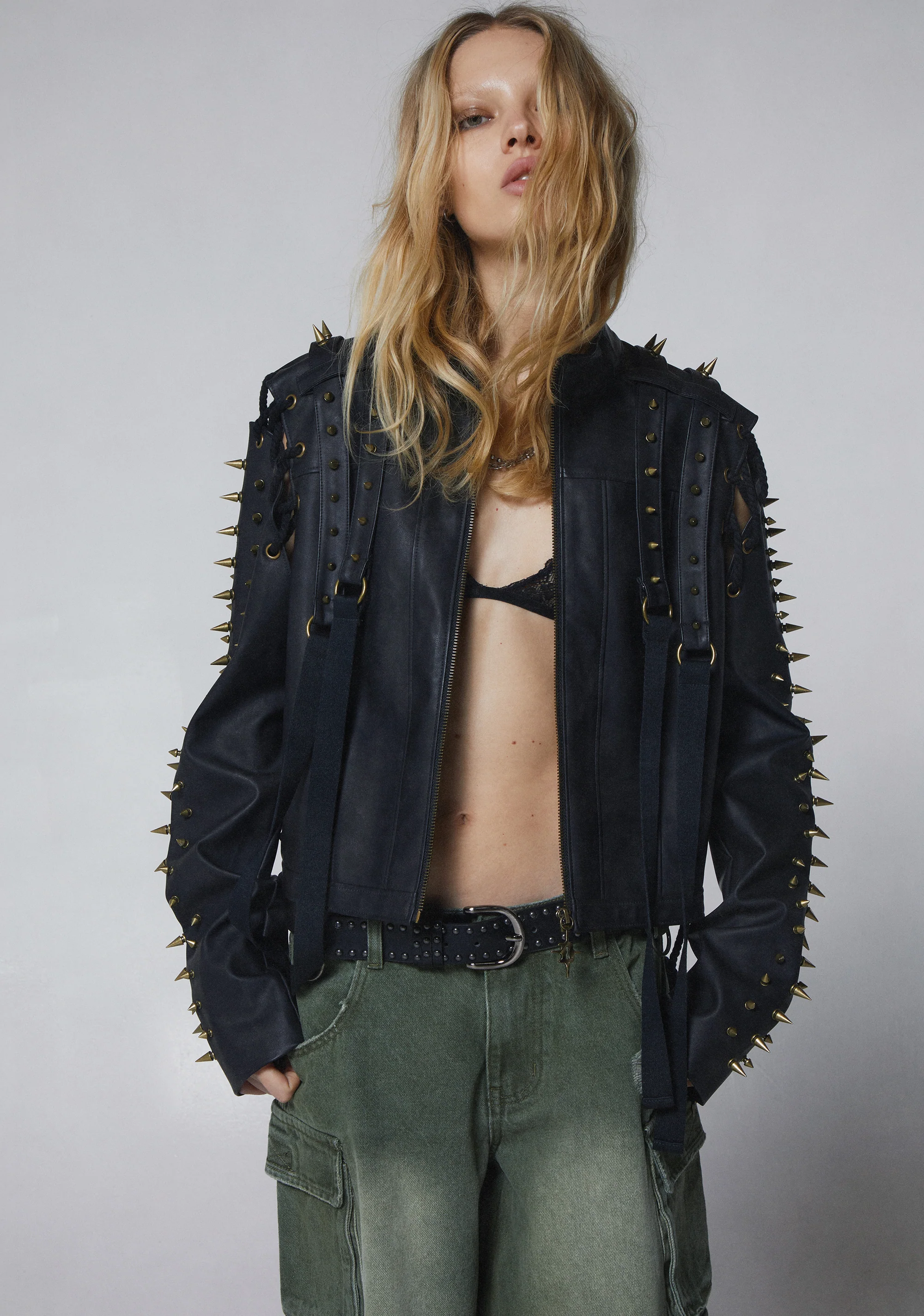 Warp Spiked Jacket With Lace Up Sleeves  - Black - Image 6