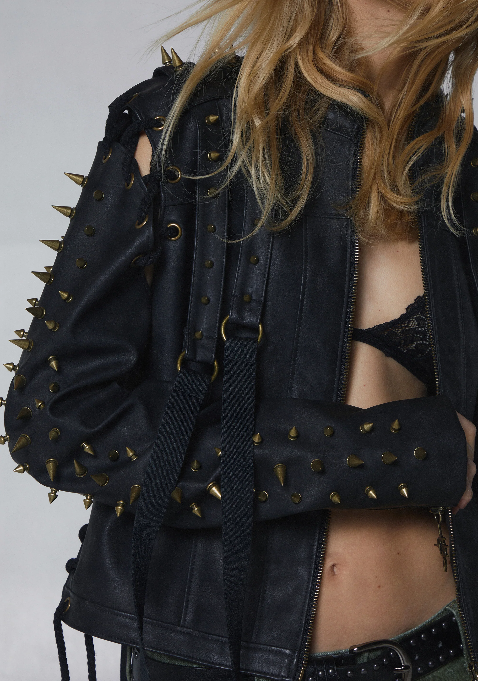 Warp Spiked Jacket With Lace Up Sleeves  - Black - Image 7