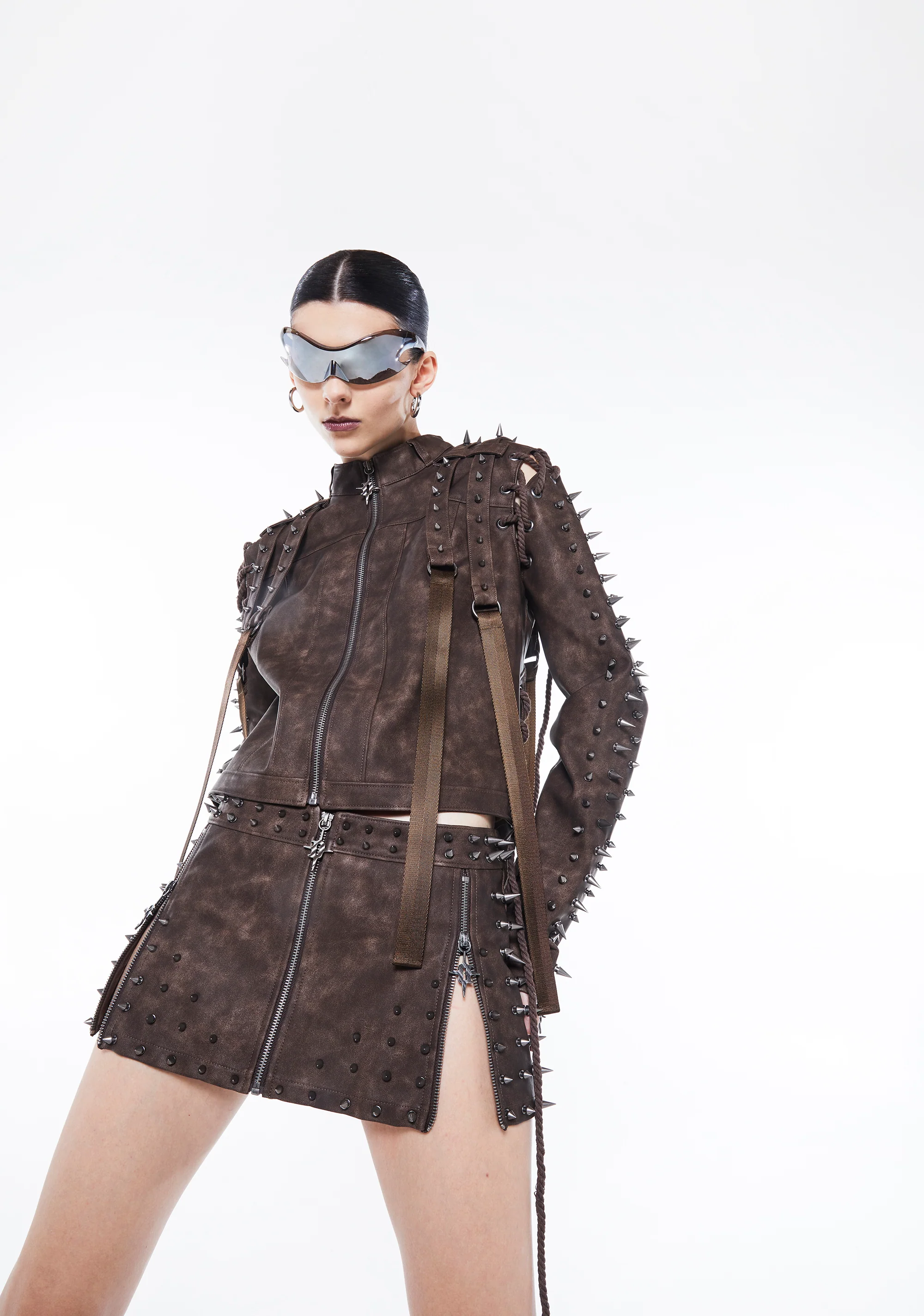 Warp Spiked Mini Skirt With Zippers - Brown - Image 8