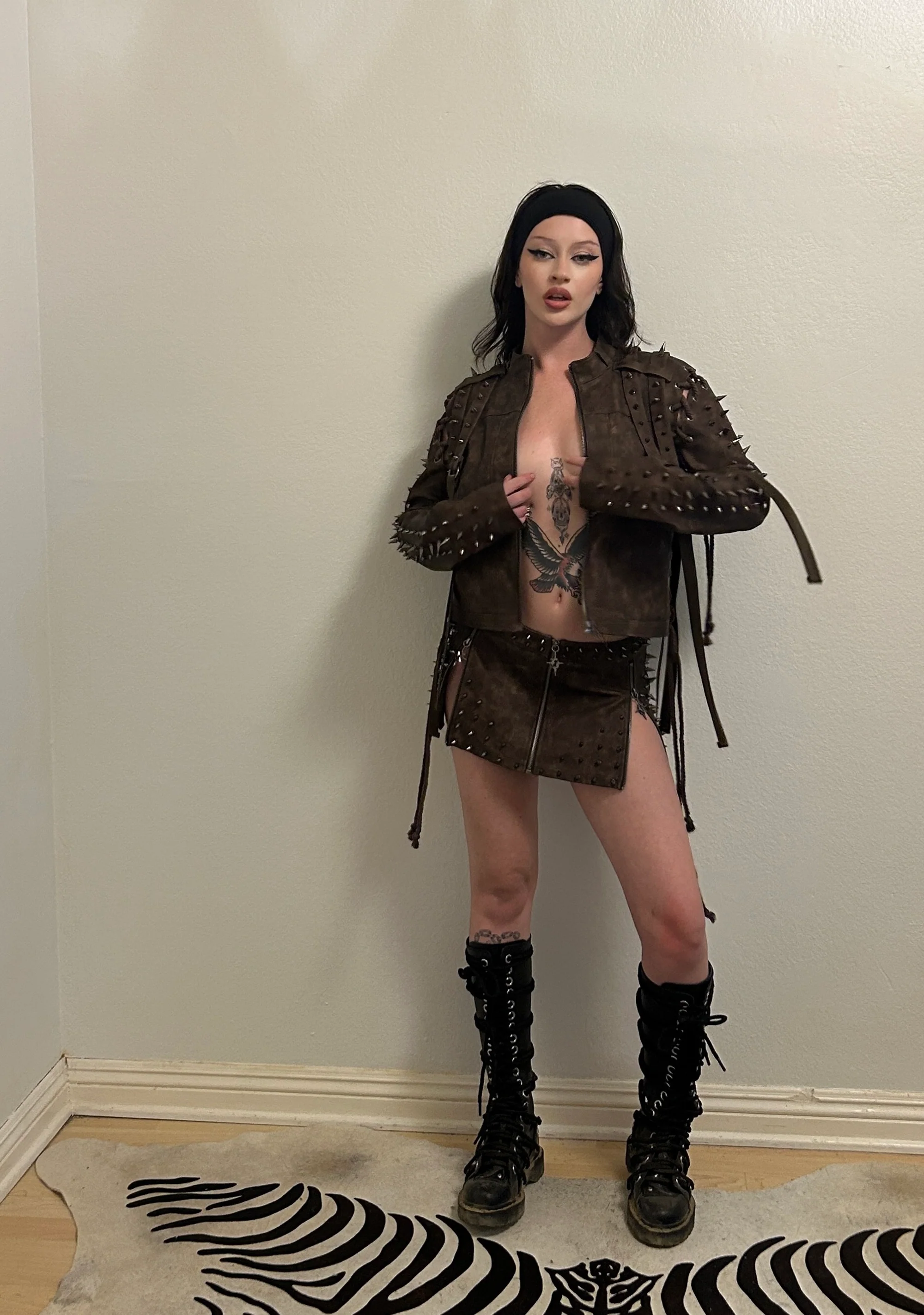 Warp Spiked Mini Skirt With Zippers - Brown - Image 9