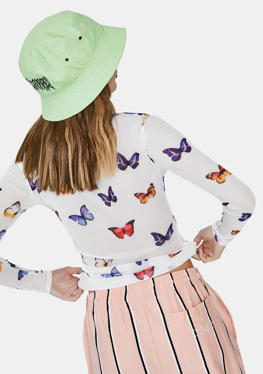 White Butterfly Print Mesh Top - Image 4