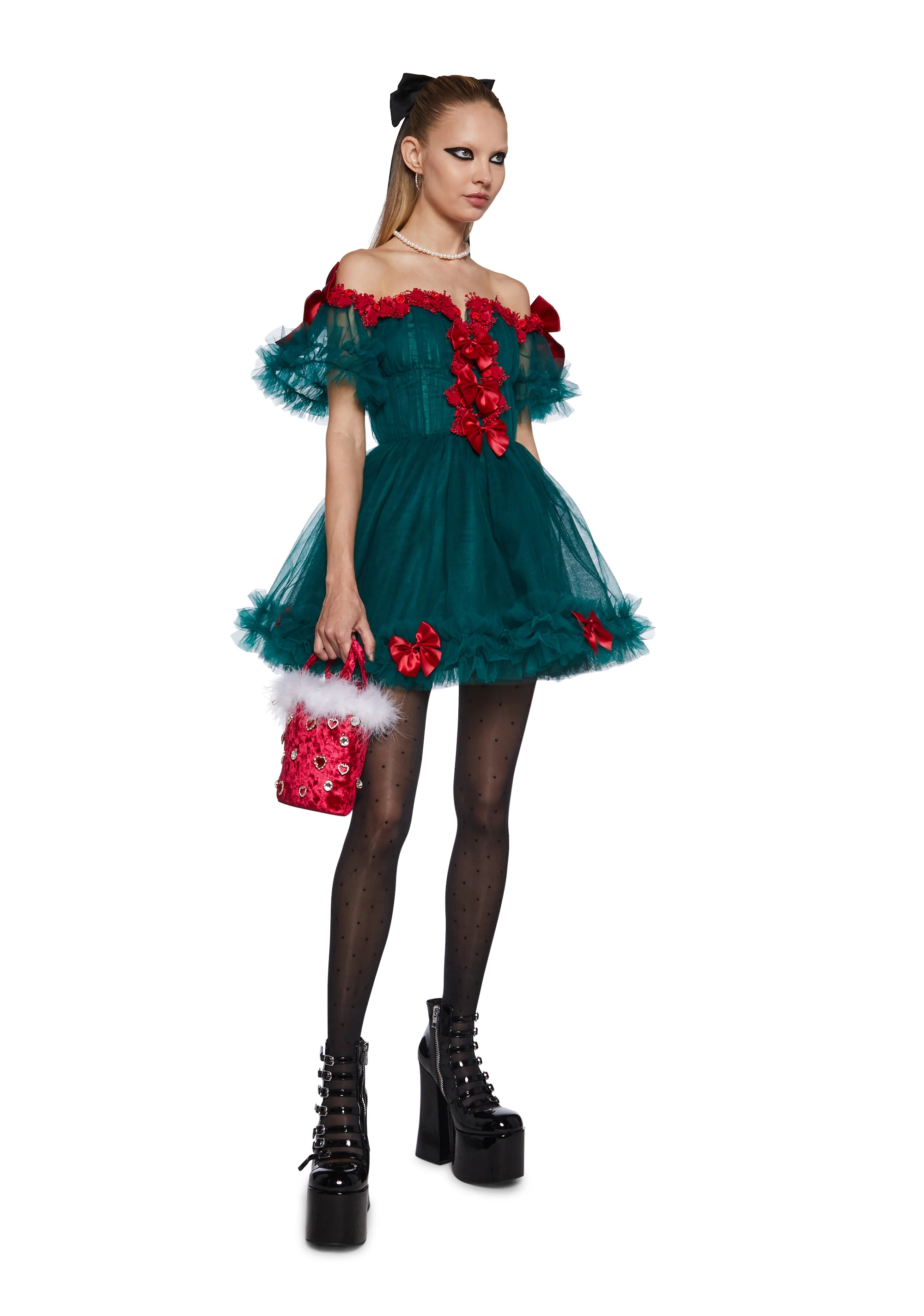 Winter Rose Mini Dress - Green - Image 2
