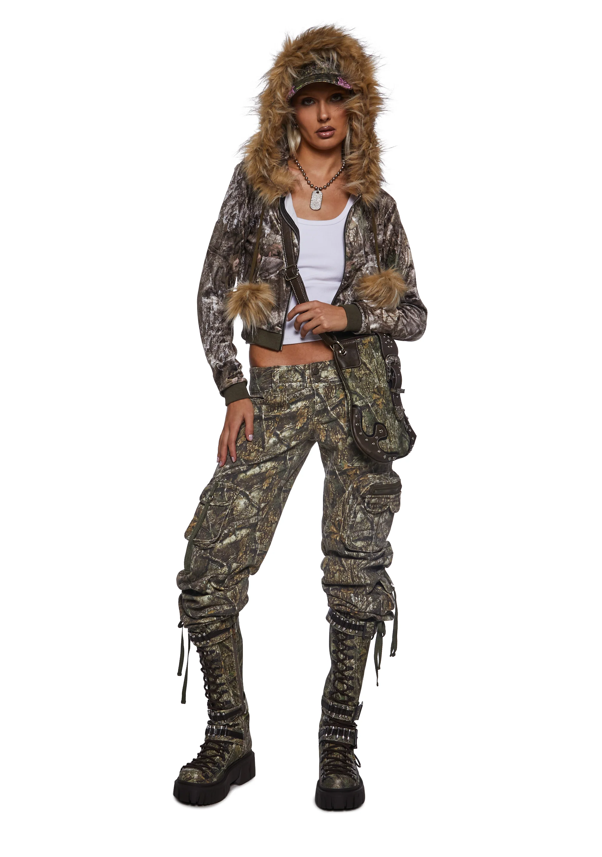 Camo Velour Hoodie With Faux Fur Trim - Image 2