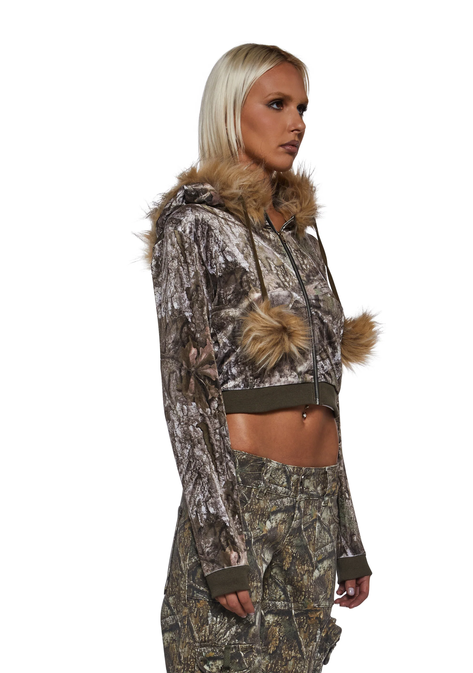 Camo Velour Hoodie With Faux Fur Trim - Image 3