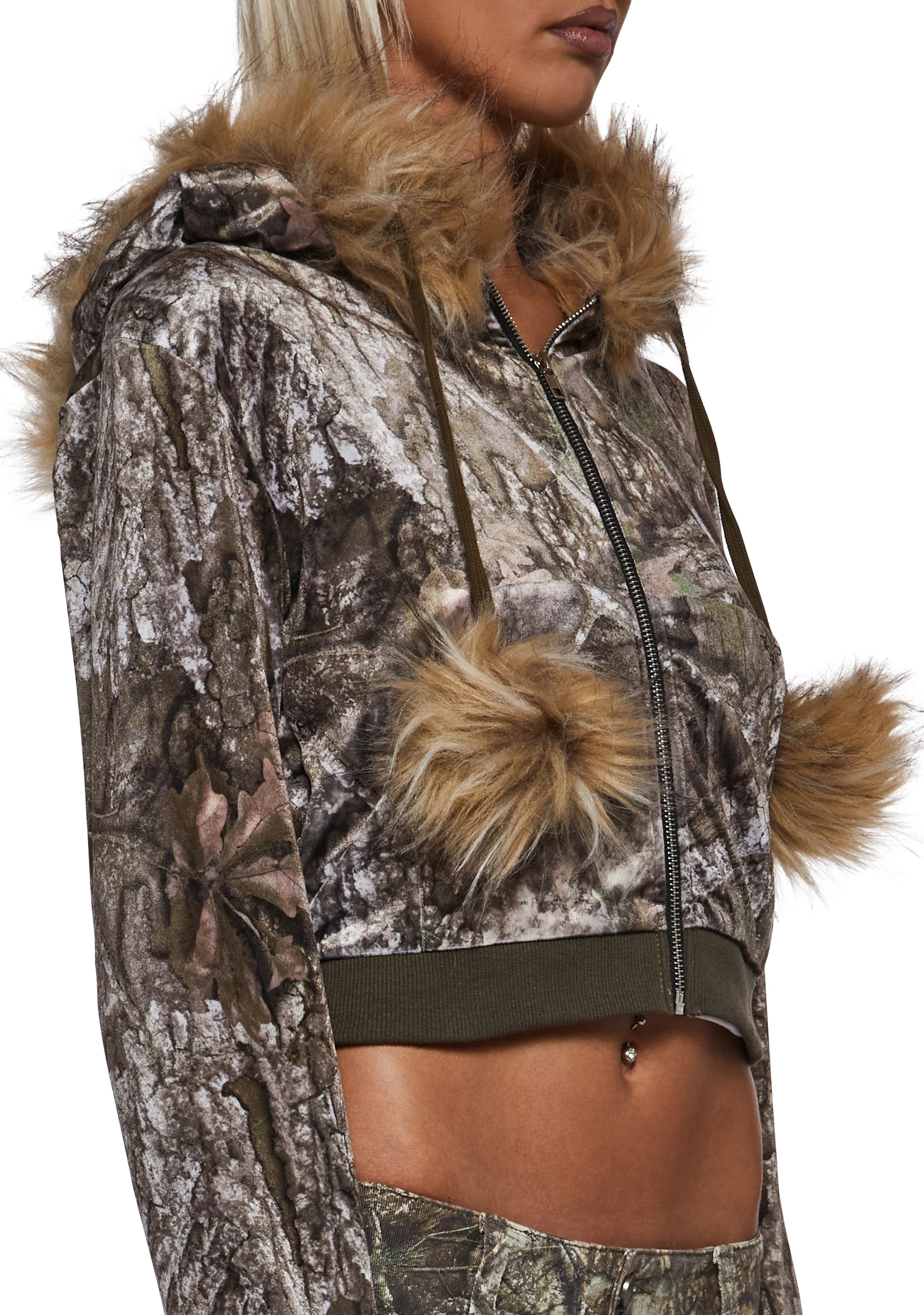 Camo Velour Hoodie With Faux Fur Trim - Image 6