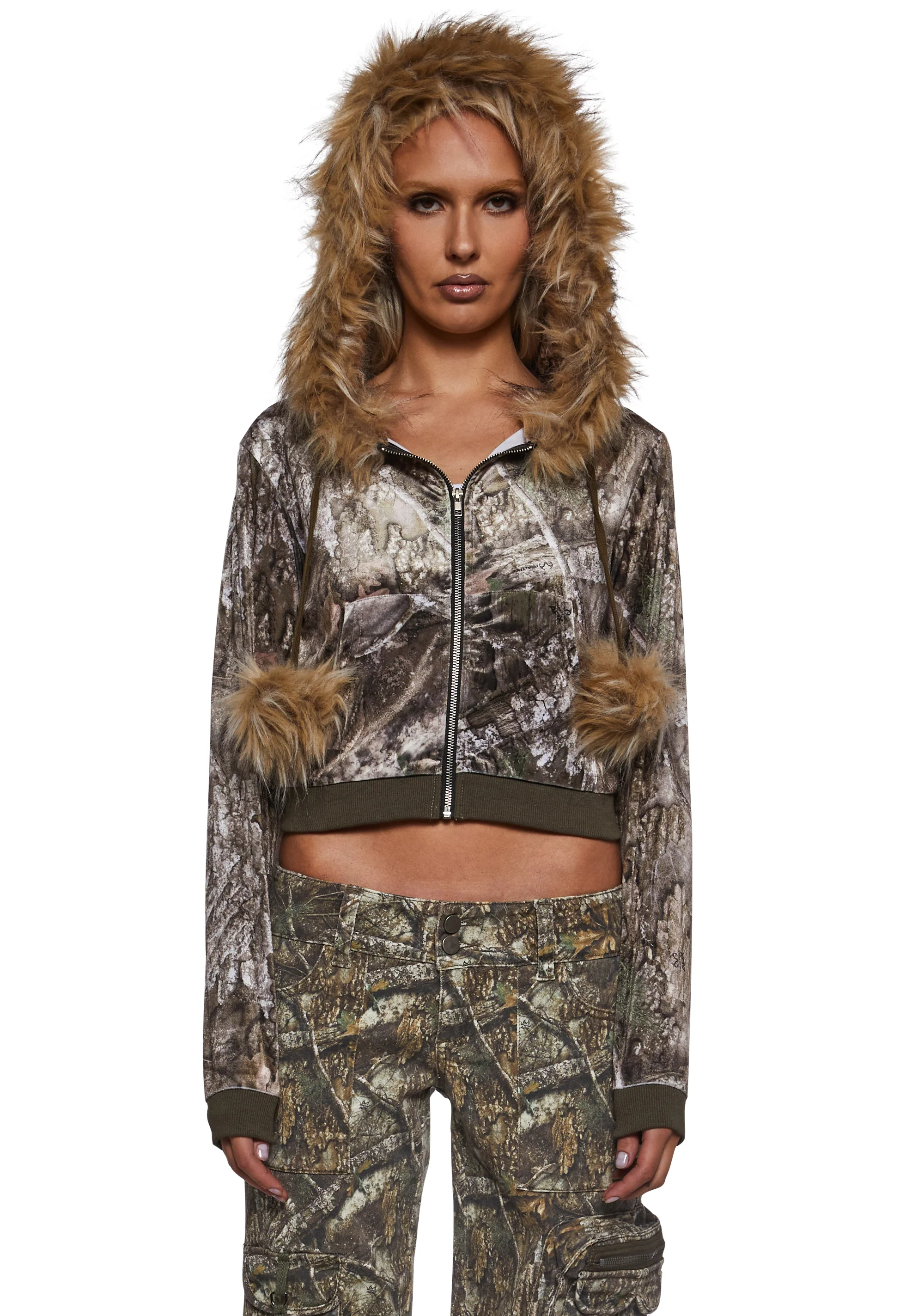 Camo Velour Hoodie With Faux Fur Trim - Image 7